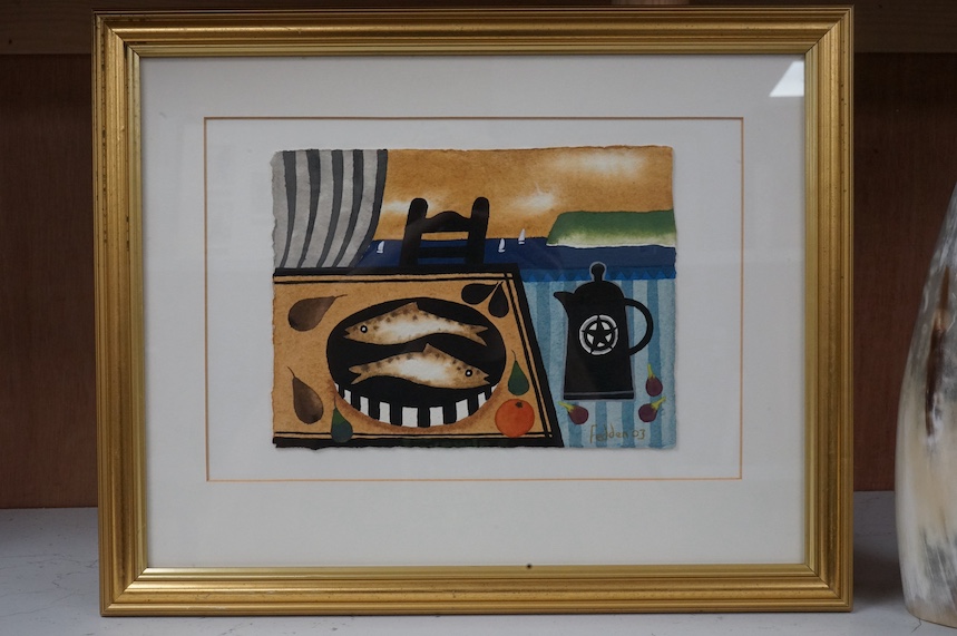 After Mary Fedden (1915-2012), watercolour and gouache, coastal table top still life, bears signature and date 2003, 15.5 x 21cm. Condition - good